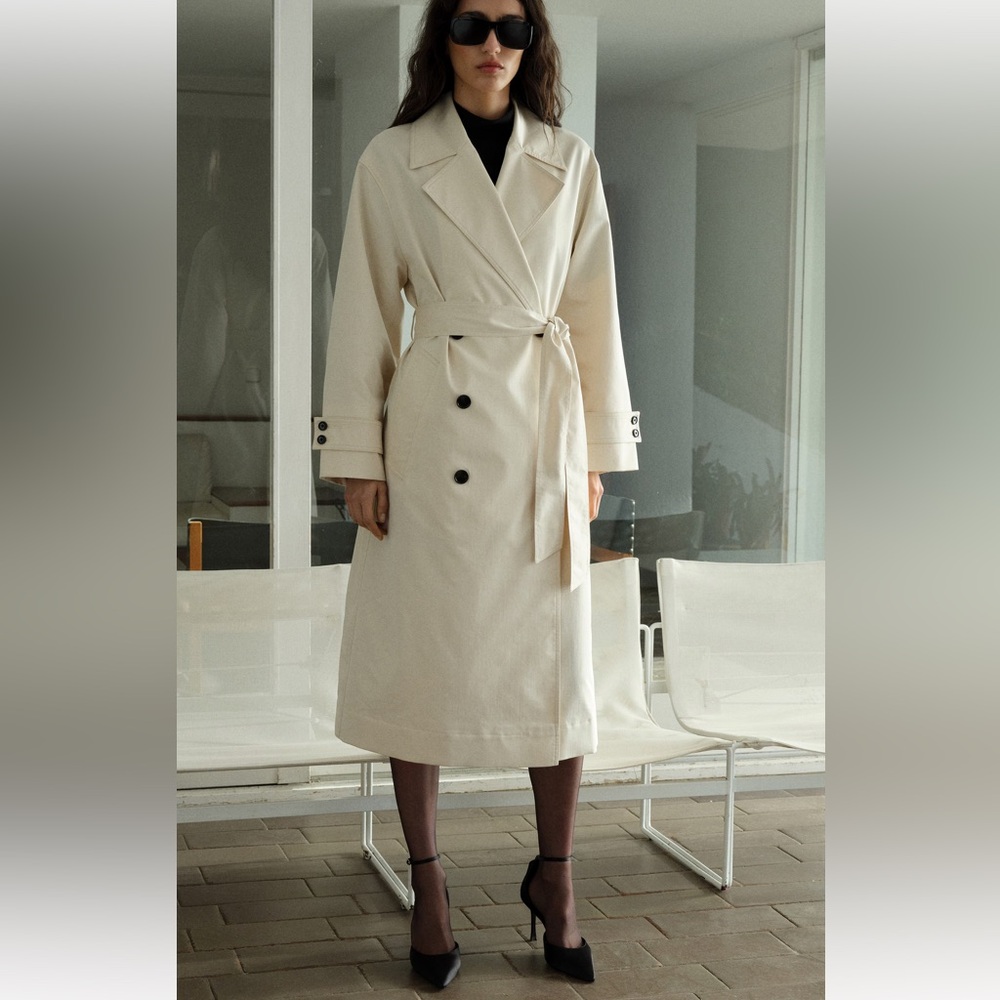 Mango Cream Double-Breasted Wrap Trench Coat. Oversized